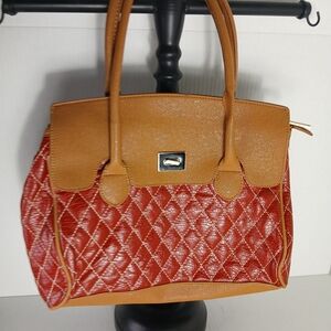 Marie Claire two-tone brown and red quilted Womens Satchel